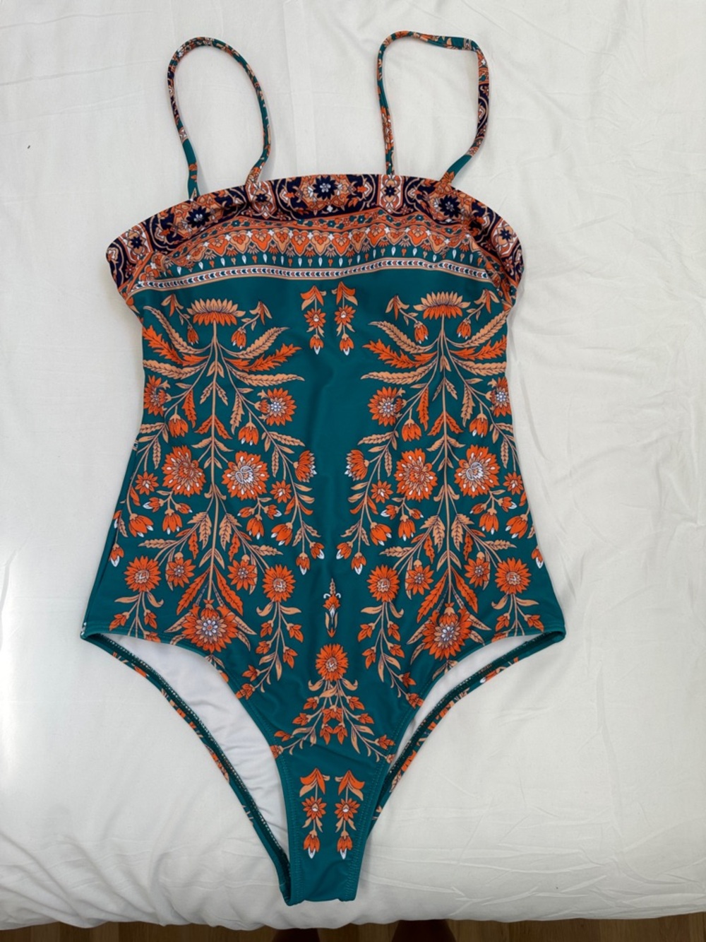 Floral Teal One-Piece Swimsuit with Orange Pattern